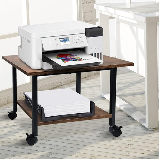 Printer Stand with Storage Shelf, Small Printer Stand for Desk Office Home, Under Desk Printer Table with Rolling Wheels, Heavy Duty Mobile Machine Cart with Shelf, Rustic Brown