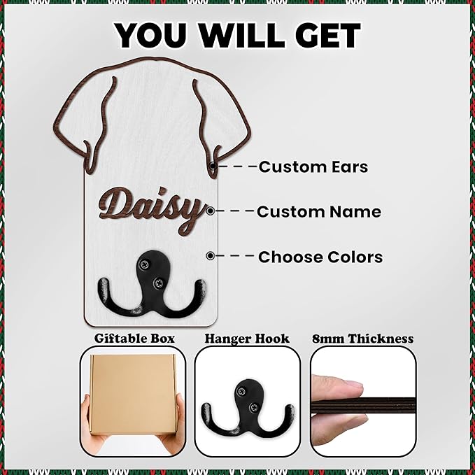 Personalized Dog Leash Holder, Custom Dog Ear Harness Wall Hanger Organizer with Name, Decorative Hooks for Leashes, Keys, Collars, Leash Rack Wall Mount for Entryway, Hallway, Gift for Pet Lovers