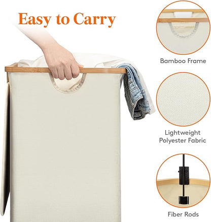 Lifewit 150L Double Laundry Hamper with Lid, Large Laundry Basket with Removable Bag & Bamboo Handles, Fodable Tall Dirty Clothes Hamper for Laundry Collapsible Bin for Bathroom Bedroom Dorm, Beige