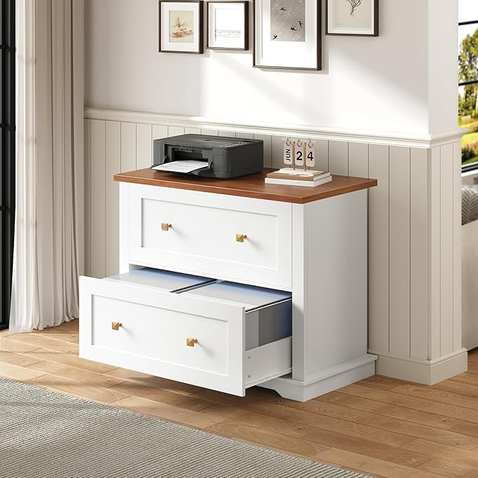 2 Drawers Lateral File Cabinet, Farmhouse Wooden Filing Cabinet, Printer Stand for Home Office, Office Storage Cabinet for A4/Letter-Size Hanging Files,White and Walnut FCBA8001
