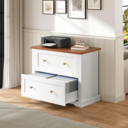 2 Drawers Lateral File Cabinet, Farmhouse Wooden Filing Cabinet, Printer Stand for Home Office, Office Storage Cabinet for A4/Letter-Size Hanging Files,White and Walnut FCBA8001