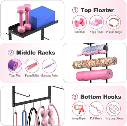 Yoga Mat Holder Wall Mount Organizer - 4-Layer Suspension System for Home Gym, 14" x 7.9" x 29.5" Black Iron Shelf with Strap for Yoga Sets, Carrier, Wall Art, Kit for Women