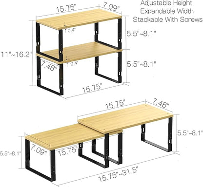 Expandable Kitchen Cabinet Organizer Shelves – Stackable Adjustable Metal and Wood Storage Racks for Countertop, Pantry, Garage Set of 2 Spice Rack – Easy Assembly, Space-Saving(1 Pack/Large/Black)