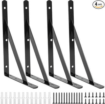 4 Pack L16 x H 10" Heavy Duty Shelf Brackets with Screws Open Floating Shelving Bracket L Brackets Black Metal Shelf Brackets for Shelves, Room, Pantry,Garage