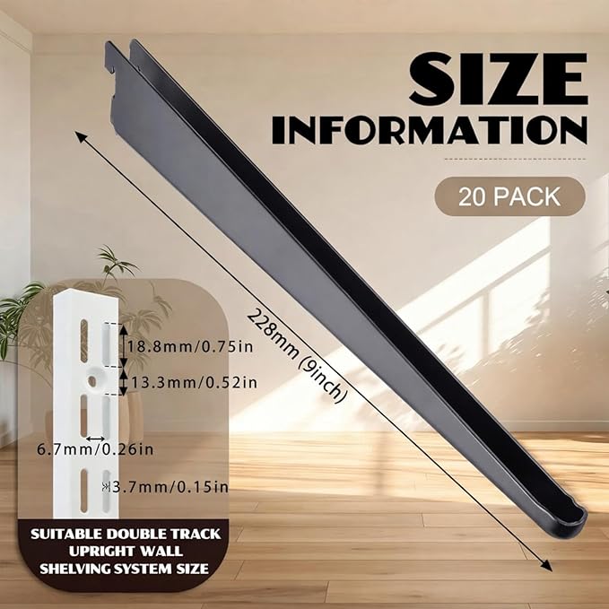 20 Pcs Adjustable Shelf Brackets for Double Track System Closet Organization Heavy Duty Wire Shelf Brackets (Black,9 Inch)