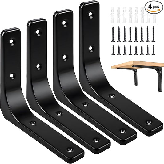 Metal Shelf Brackets, 4 x 4 Inch Heavy Duty L Hanging Angle Brackets, Iron Wall Bracket for Countertop Support, Corner Brace Joint, Black, 4 PCS