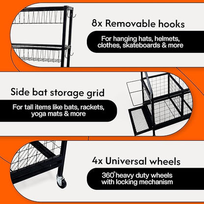 AMPLY Sports Equipment Organizer, Rolling Sports Ball Storage Garage Rack with Large Ball Bins, Side Bat Grid and Multi-Tier Shelves, Steel Rust-Resistant Gear Cart for Families, Schools, Gyms