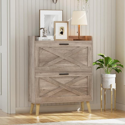 32" W Farmhouse Shoe Storage Cabinet with 2 Flip Drawers and Barn Door Design, Adjustable Shelves, Modern Hidden Slim Narrow Shoe Rack Cabinet for Entryway, Foyer, Hallway, Living Room, Greige