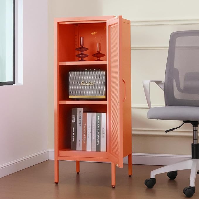 Slim Metal Storage Cabinet with Mesh Doors - 42'' Tall Narrow Organizer Tower, Compact Freestanding Cabinet, Versatile Utility Storage for Home, Office, Bedroom, or Kitchen, Durable and Modern Design