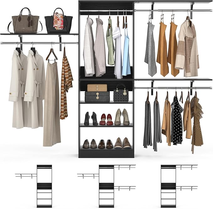 Armocity 96'' Closet System, 8FT Walk In Closet Organizer with 3 Shelving Towers, Heavy Duty Bedroom Wardrobe with 5 Shelves, Wall Mounted Clothes Rack (Can Be Cut To Fit), 96"L x16"W x75"H, Black