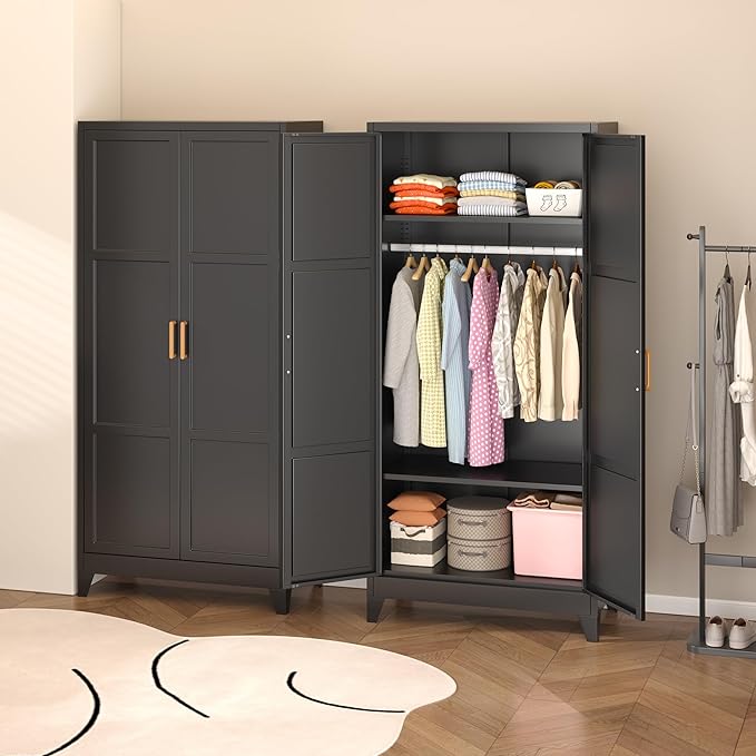 INTERGREAT Metal Armoire Wardrobe Closet, Storage Cabinet with Hanging Rod, 71" H Wardrobe Closet with Doors, Metal Storage Cabinets for Bedroom/Office/Garage (Black)