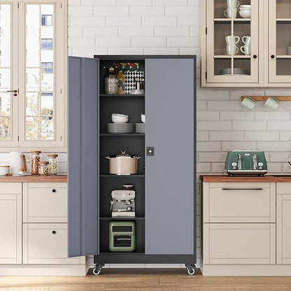 Metal Rolling Storage Cabinet-74.6” Tall Steel File Cabinets with Wheels Lockable Doors and Adjustable Shelves-Black & Gray Steel Storage Cabinet for Home, School, Office, Garage