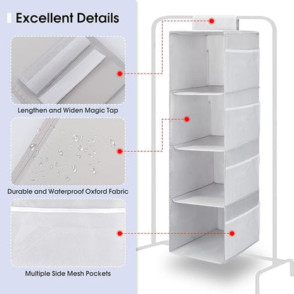 PetsHome 4-Shelf Hanging Closet Organizer, Space Saver, Closet Hanging Storage Shelves with Mesh Pockets & Magic Tap for Storage, Foldable-Grey