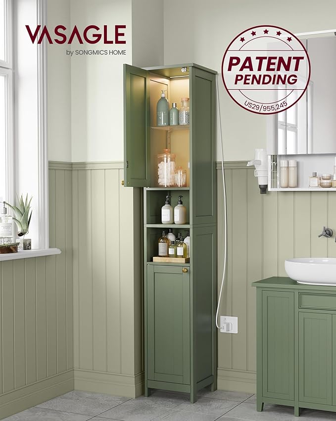 VASAGLE Tall Storage Cabinet with Lights, Slim Freestanding Cabinet with Adjustable Shelves, for Small Spaces, Bathroom, Living Room, Modern, 11.8 Inches Wide, Forest Green UBBC566C01