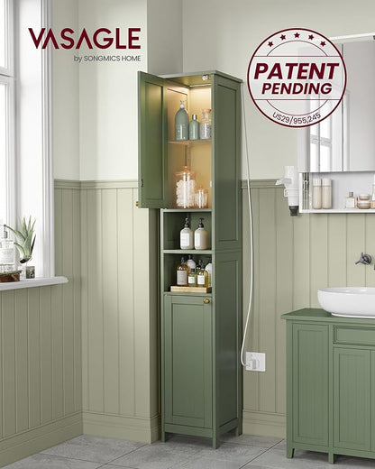 VASAGLE Tall Storage Cabinet with Lights, Slim Freestanding Cabinet with Adjustable Shelves, for Small Spaces, Bathroom, Living Room, Modern, 11.8 Inches Wide, Forest Green UBBC566C01