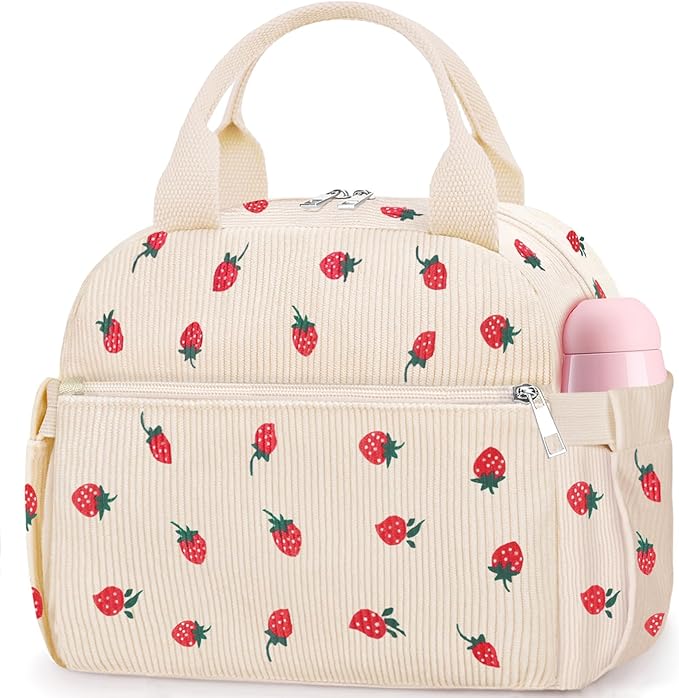 Lunch Box for Women, Cute Strawberry Corduroy Insulated Lunch Bag Women Reusable Work Leakproof Simple Adults Large Lunch Boxes Tote Bag Men Cooler Bag