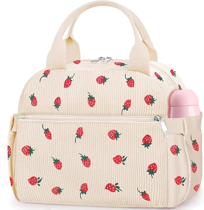 Lunch Box for Women, Cute Strawberry Corduroy Insulated Lunch Bag Women Reusable Work Leakproof Simple Adults Large Lunch Boxes Tote Bag Men Cooler Bag