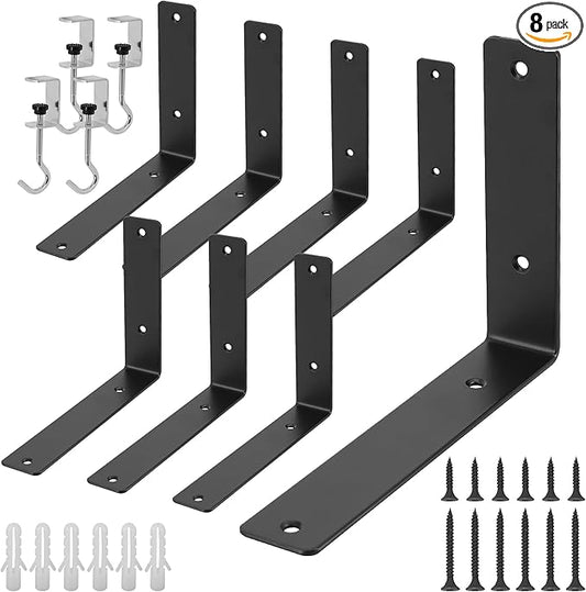 L Floating Shelf Brackets,8 Pack Heavy Duty L Brackets for Shelves, L 8" X H 6" Black Metal Countertop Support Brackets,Wall Mounting for Wood