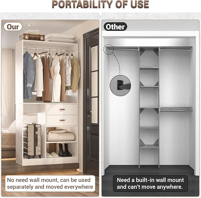 Armocity Freestanding Closet System with Suitcase Storage, 40 Inches Stand-Alone Wardrobe with 2 Wood Drawers, 80'' Height Adjustable Cloth Garment Rack, Walk-in Closet with Hanging Rod, White