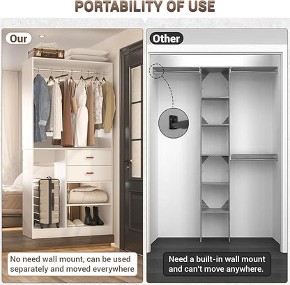 Armocity Freestanding Closet System with Suitcase Storage, 40 Inches Stand-Alone Wardrobe with 2 Wood Drawers, 80'' Height Adjustable Cloth Garment Rack, Walk-in Closet with Hanging Rod, White