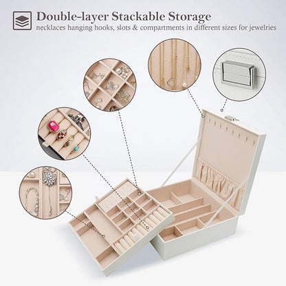 ProCase Jewelry Box for Women, 2 Layers Large Leather Jewelry Organizer Storage Case with Removable Pad for Earrings -White