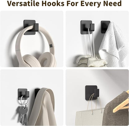Square Self Adhesive Towel Hooks - 4 Pack Matte Black Metal Hooks, Right-Angle Design for Towels, Robes & Hats, Organize Bathroom, Kitchen, Entryway, Doors, Cabinets on Smooth Surfaces | Square, Right-Angle Design, for Towels, Robes & Hats, Organize Ba...