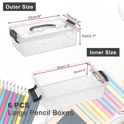 BTSKY 6-Pack Large Stackable Pencil Boxes with Handles, Transparent Pencil Case with Latching Lids & Clasp, Plastic Pencil Box Stationery Organizer Box Ideal for Craft Pen Art Office Supply, Grey