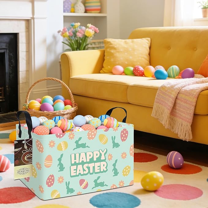 HUNRUNG Rectangle Storage Basket Cute Canvas Organizer Bin for Pet/Children Toys, Books, Clothes Perfect for Rooms/Playroom(REC-Green Easter Egg)