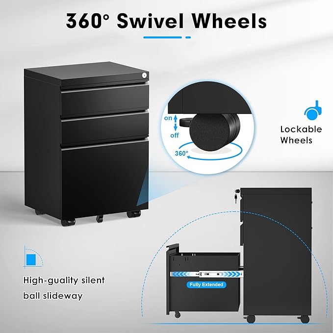 Greenvelly 3-Drawer Mobile File Cabinet with Locking Drawers & Wheels, No Assembly Required Black Rolling Metal Filing Cabinet for Home Office, Lockable File Organizer Under Desk or Letter/Legal Files