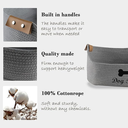 Woven Dog Toy Baskets ,Rope Basket for Dog Toys,Collapsible Dog Toy Bin with Leather Handles,Trapezoidal Puppy Toy Storage Basket,Chewproof Dog Organizer for Toys,Collar,Leash,blankets-Gray