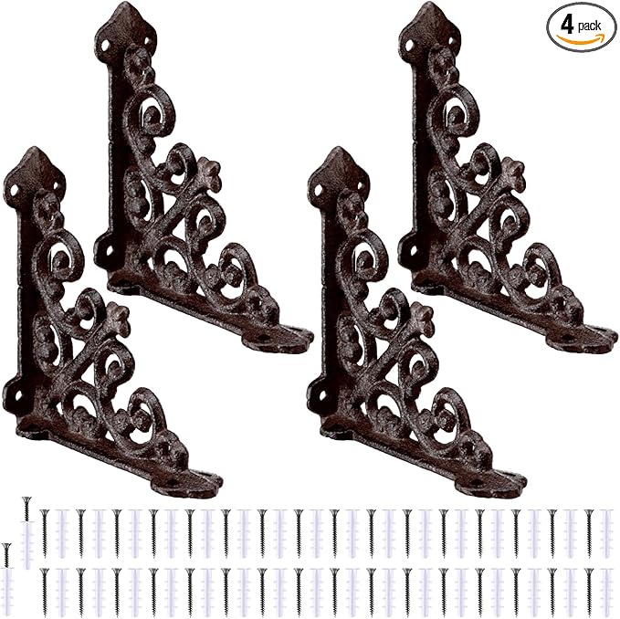 Blulu 4 Pack Antique Style Cast Iron Shelf Brackets Decorative Brackets 3 7/8" x 3 7/8" Wall Mount Shelving Bracket Heavy Duty Victorian Style Shelf(Iron Gray)