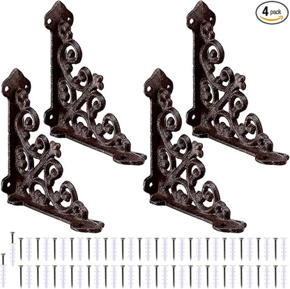 Blulu 4 Pack Antique Style Cast Iron Shelf Brackets Decorative Brackets 3 7/8" x 3 7/8" Wall Mount Shelving Bracket Heavy Duty Victorian Style Shelf(Iron Gray)