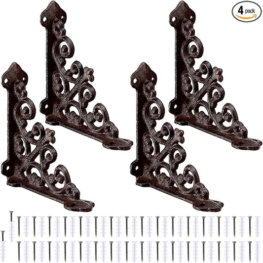 Blulu 4 Pack Antique Style Cast Iron Shelf Brackets Decorative Brackets 3 7/8" x 3 7/8" Wall Mount Shelving Bracket Heavy Duty Victorian Style Shelf(Iron Gray)