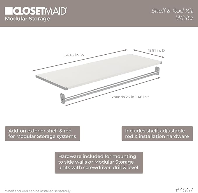 ClosetMaid Modular Closet Collection Shelf and Hang Rod Accessory Kit, 36-Inch Shelf and Hang Rod Kit