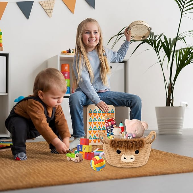 Small Highland Cow Basket Set for Nursery, 2PCS Woven Cotton Rope Storage Cow Basket, Cute Baby Blanket Gift Storage with Soft Ears Handles, Candy Towel Decor Gifts Bin, Pack of 2