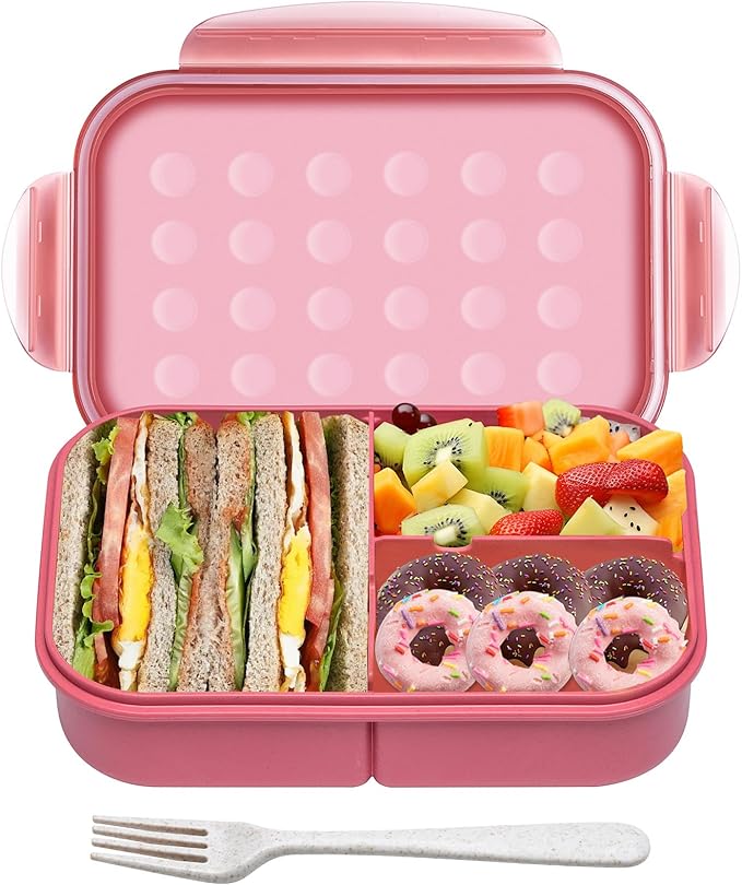 Wheat Straw Lunch Box, Leakproof 3-Compartment Bento Box for Kids & Adults, BPA-Free Lunch Containers, Microwave & Dishwasher Safe, 5.5 Cup (Muted Red)