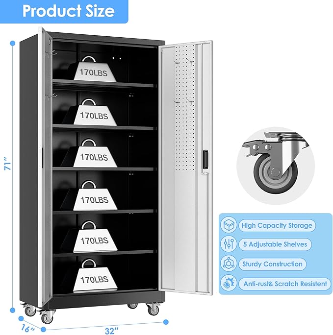 Aobabo Upgraded Garage Storage Cabinets with Wheels,Metal Storage Cabinets with 5 Adjustable Shelves for Garage Home Office Storage, Black&Silver,71''H*32''W*16''D,Assembly Required