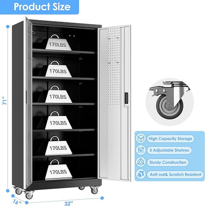 Aobabo Upgraded Garage Storage Cabinets with Wheels,Metal Storage Cabinets with 5 Adjustable Shelves for Garage Home Office Storage, Black&Silver,71''H*32''W*16''D,Assembly Required
