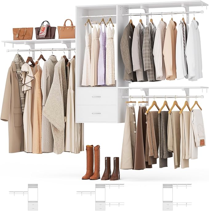 96" Closet System with 2 Wooden Drawers, 4-8ft Walk-in Closet Organizer System with 4 Hanging Rods,for Bedroom,Living Room,Garment Rack,White