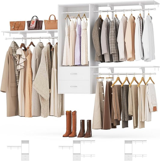 96" Closet System with 2 Wooden Drawers, 4-8ft Walk-in Closet Organizer System with 4 Hanging Rods,for Bedroom,Living Room,Garment Rack,White
