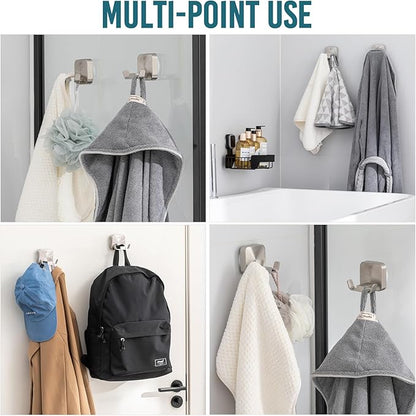 TAILI Patented Strong Suction Cup Hook, 304 Stainless Steel Bathroom Suction Cup Holder for Towel, Loofah, Bathrobe, Damage-Free Hanging Shower Wall Hook, Double-Hook Widening Design, 2 Pack, Silver