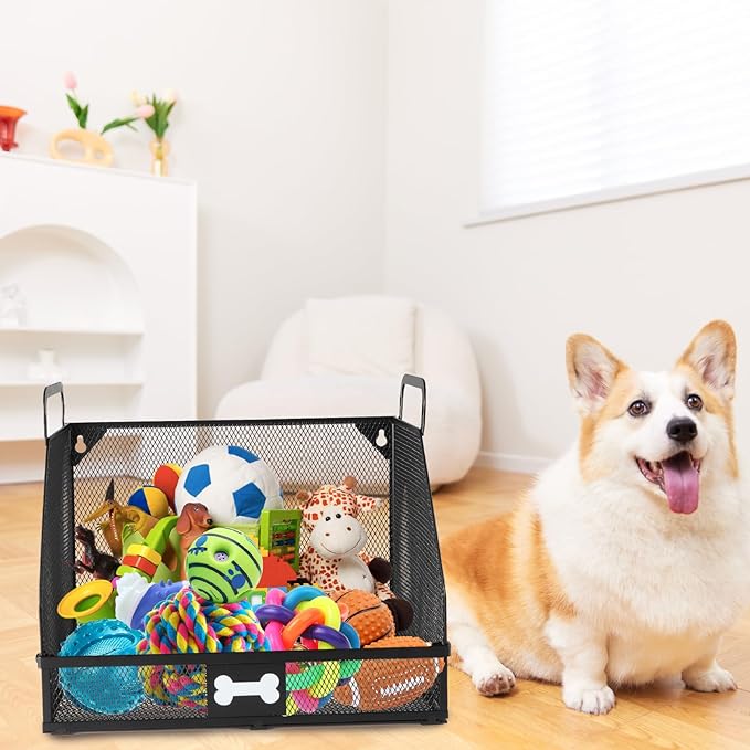 Large Metal Dog Toy Basket, Multifunctional Basket for Dog Toys Storage Organizer, Treats, Collars, Can Hold Leashes, Living Room Storage Box Bin for Dogs Supplies– Durable & Chewproof