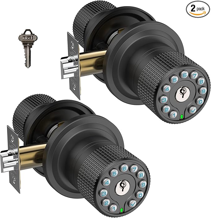 Smart Door Knob with Keypad and Key,Keyless Entry Door Lock with Rubber Grip, Auto Lock,50 User Code,Waterproof, Easy to Install and Program for Bedroom (Matte Black Same Key 2 Pack)