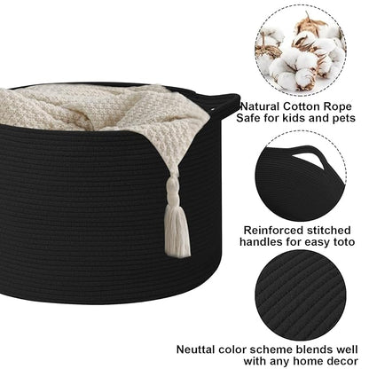 115L Large Blanket Basket,23.6" L x 23.6" W x 15.7" H Rope Woven Baskets with Handles, Toys Storage Bins,Laundry Basket Perfect for Living Room, Nursery,Bedroom,Home Organization,Black
