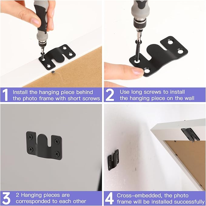 4 Pairs Interlocking Flush Mount Bracket Picture Hanging Hooks Black Stainless Steel Heavy Duty Photo Frame Hook Large Picture Hanger Buckle Furniture Connector Headboard Wall Mounting Hardware