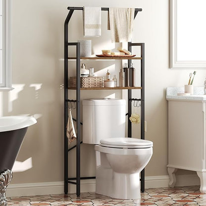 2-Tier Over The Toilet Storage, Multifunctional Vertical Over Toilet Bathroom Organizer, Freestanding Bathroom Storage Shelves with Hooks, Bathroom Organizer, Rustic Brown and Black TR01BR