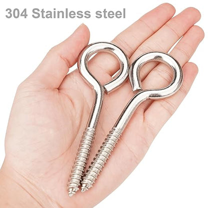 Aovchei Eye Screws, 4 Pcs 4.5 inches 304 Heavy Duty Stainless Steel Screw Hooks, Rust-Resistant Self Tapping Eyelet Bolts for Wood, Securing Cables Wires, Indoor & Outdoor for Hanging Artwork