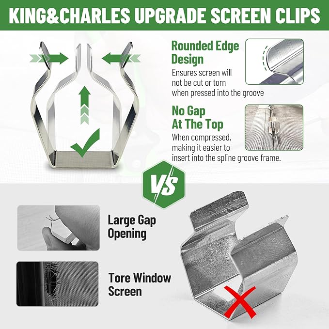 King&Charles Window Screen Door Repair/Replacement Kit, Include Black Screen Mesh 48"x118"+ 2 Roller+50Ft Spline+8Clips+Hook, 6 in 1 Window Mesh Kit, Steel/Nylon Bearing Roller