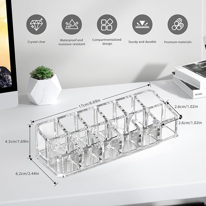 SYNTHORA 12 Slots Lipstick Holder, Clear Cosmetic Display Case for Lipsticks, Lip Gloss & Makeup Storage, Space-Saving Vanity Organizer (1 Pack)