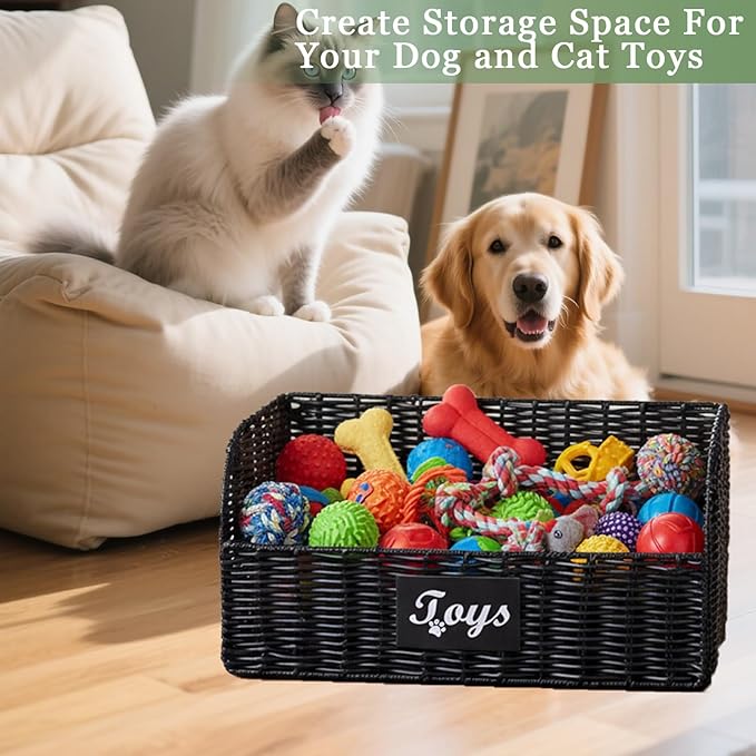 Pet Dog Toy Storage Basket,Collapsible Poly Wicker Baskets for Dog Cat Toys,Trapezoid Dog Toy Bin,Dog Storage Organizer for Leash Blanket Toys,Ideal for Living Room,Playroom(Black)